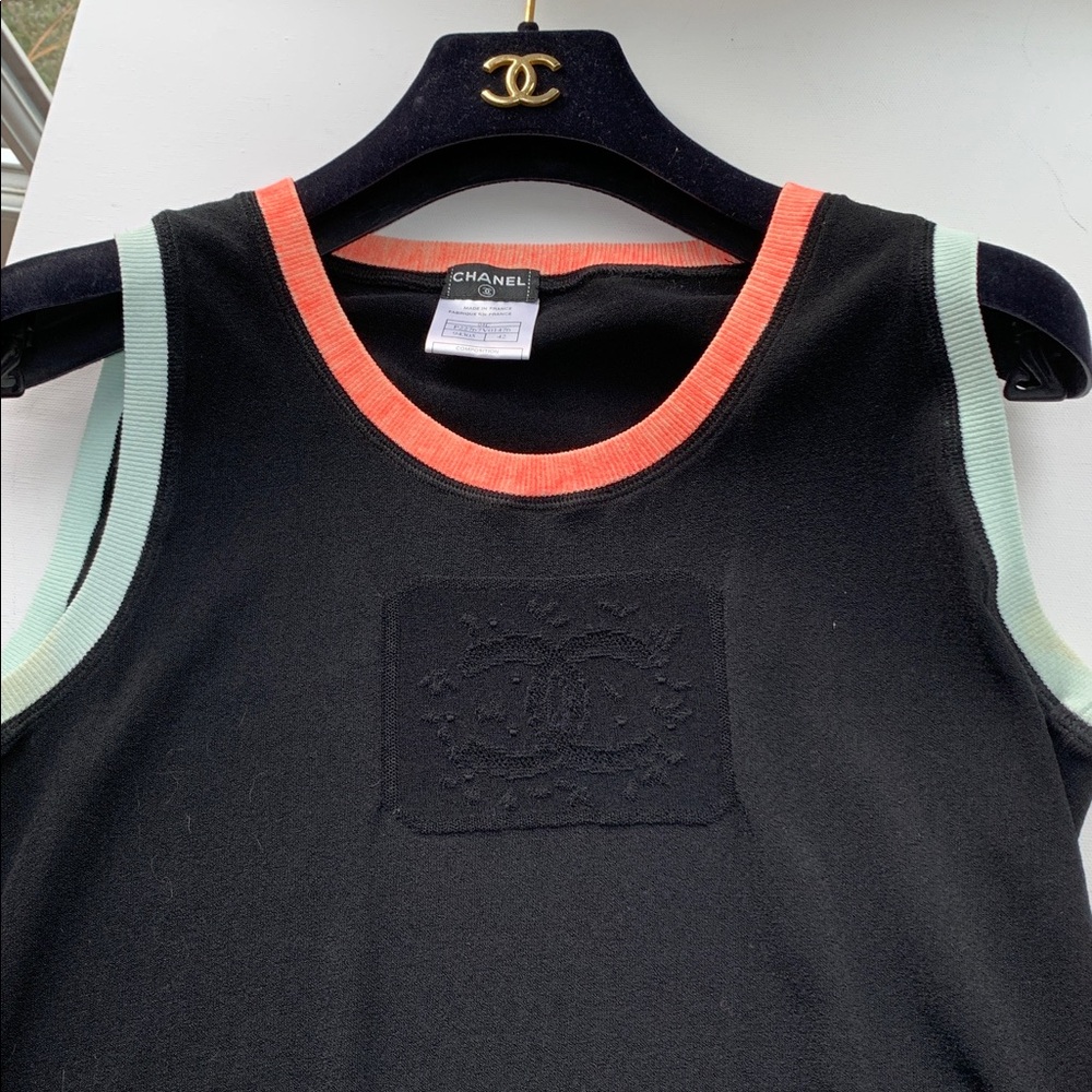 Very RARE Vintage CHANEL 04C Athleisure Top CC Logo Lt Blue & Orange Neon Trim